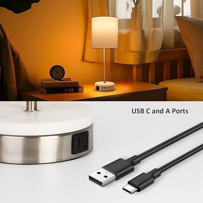 Marble Table Lamp, Bedside Lamps with Pull Chain for Bedroom, Lamp for Night Stands with USB Ports and Square Shade for Living Room Home Decor, Bulb Included