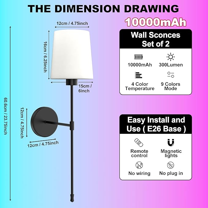 10000mAh Battery Operated Wall Sconces Set of Two, Wireless Sconces Set of 2 Wall Light with RGB Rechargeable Magnetic Bulb, Sconces Wall Decor Set of 2 for Bedroom Living Room, Black