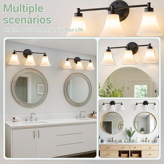 LOUSACE 3 Light Bathroom Vanity Light Matte Black Bathroom Lighting Fixtures Over Mirror with Opal White Frosted Glass, Vintage Traditional Wall Lighting Fixture Vanity Sconces Light for Bedroom