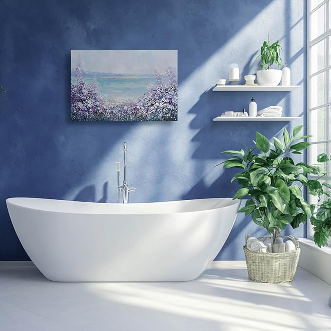 GAIDUOMAI Purple Wall Art Prints Coastal Wall Decor Lavender Flower Artwork for Bedroom Blue Bathroom Picture 12"x16" Small Painting for Dining Room