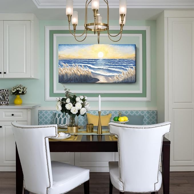 Ocean Canvas Wall Art for Living Room Seaside Sunset over the Beaches Coastal Reeds Blue Sea Waves Calm Seascape Painting Seashore Nature Landscape Artwork for Home Bedroom Office Decor 48x24inch