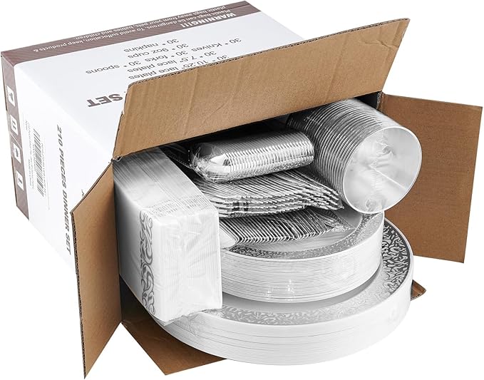 πππ Count Silver Plastic Dinnerware, Silver Disposable Plates, Includes 30 Dinner & 30 Dessert Plates & 30 Cups & 30 Paper Napkins & 30 Plastic Silverware Set