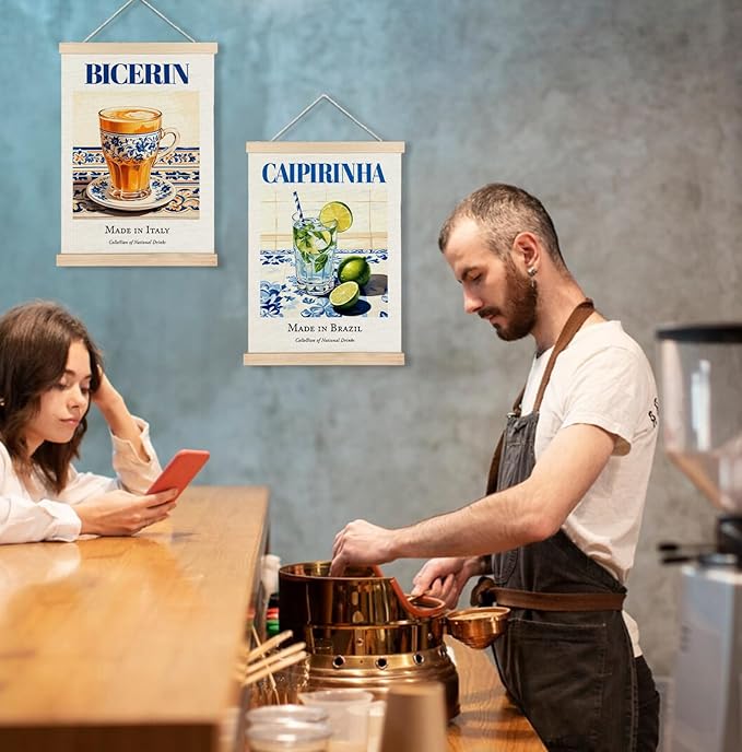 Yomisex Italy Bicerin Brazil Caipirinha Wall Art Poster, Traditional Italian and Brazilian Beverage on Maiolica Tiles Canvas Prints Wall Art Framed for Kitchen Bar Decor, 12x16 Inch Set of 2