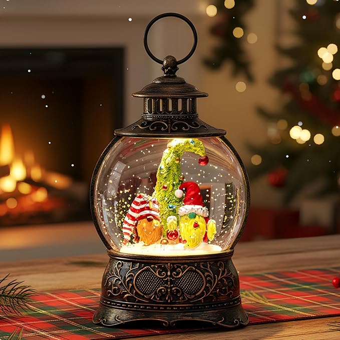 Christmas Snow Globe Lighted Gnomes Santa Elf Christmas Tree Scene, Musical Snow Water Lantern Swirling Glittering Home Decoration and Gift, Battery Operated or USB Powered