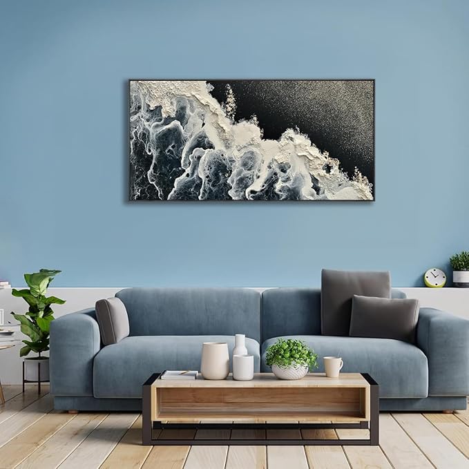 Wall Art Abstract Seascape Artwork Ocean Waves Art Sea Landscape Painting Blue,Black and White for Living Room Bedroom Dining Room Home Office Decor Large Framed Ready to Hang 24"x48"
