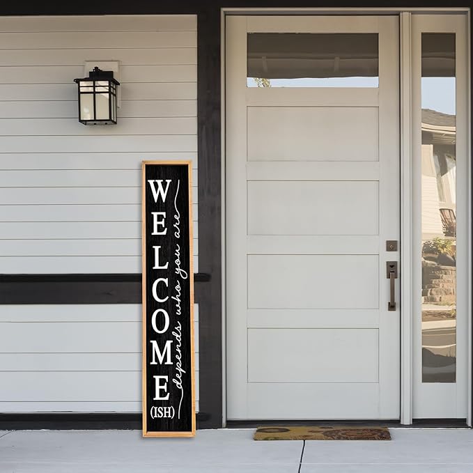 Welcome-ish Sign for Front Porch Standing 45"X9" Large Farmhouse Outdoor Wood Framed Home Vertical Tall Funny Large Welcome Sign For Rustic Modern Outside Front Door Wall Decor (Wood Black)