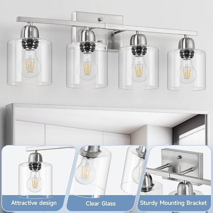 Brushed Nickel Vanity Lights for Bathroom, 4 Light Bathroom Vanity Light Over Mirror, Wall Lights with Clear Glass, E26 Socket