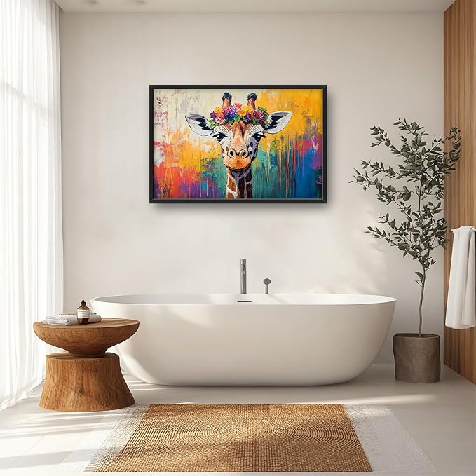 Framed Large Wall Art for Living Room, Banksy Deer Canvas Wall Decor, Large Giraffe Picture Framed Painting, Modern Artwork for Bedroom Office 36L'' × 24W''