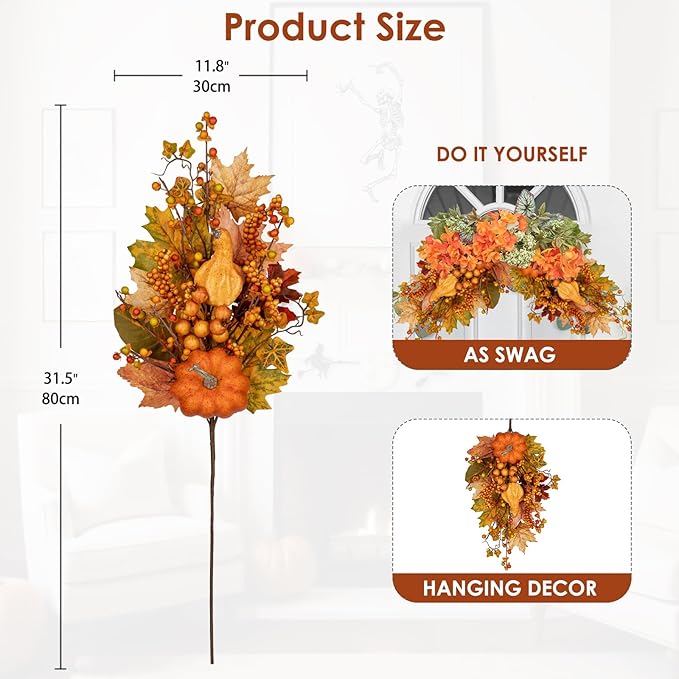 31.5" Artificial Fall Leaf Stems Autumn Leaves Decor, Fall Pumpkin Decorations for Home, 2 Pcs Artificial Berry Maple Leaf Floral Arrangement Long Stems Branches for Festival Vases Centerpieces Swags