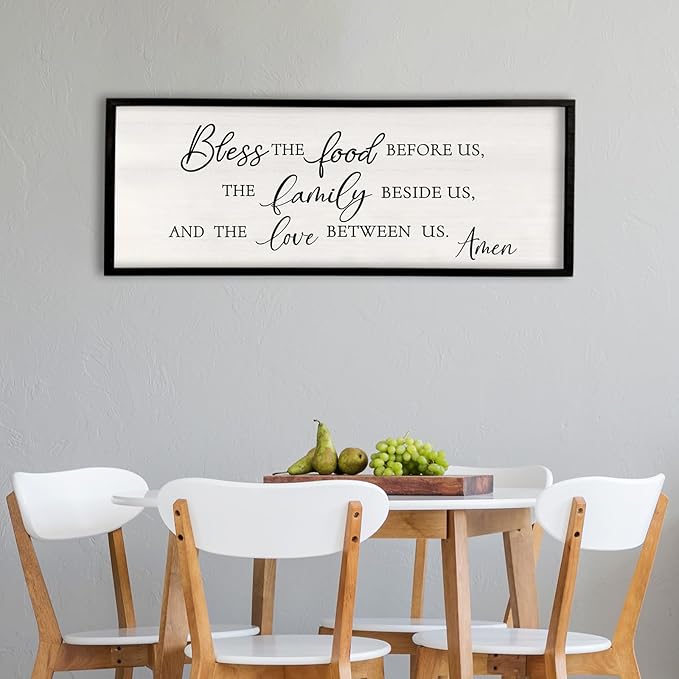 Surfapans Bless the Food Before Us Wall Decor, 40"X15" Farmhouse Dining Room Family Kitchen Sign, Christian Bible Verse Scripture Vintage Home Framed Wood Wall Art (Black)