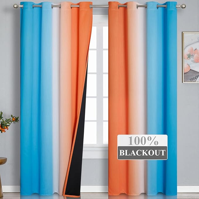 Thermal Insulated Blue and Orange Curtains for Living Room, Complete Light Blocking Ombre Blackout Curtains for Bedroom, Full Room Darkening Gradient Grommet Drapes for Boy Room, 52x84 Inch, 2 Panels
