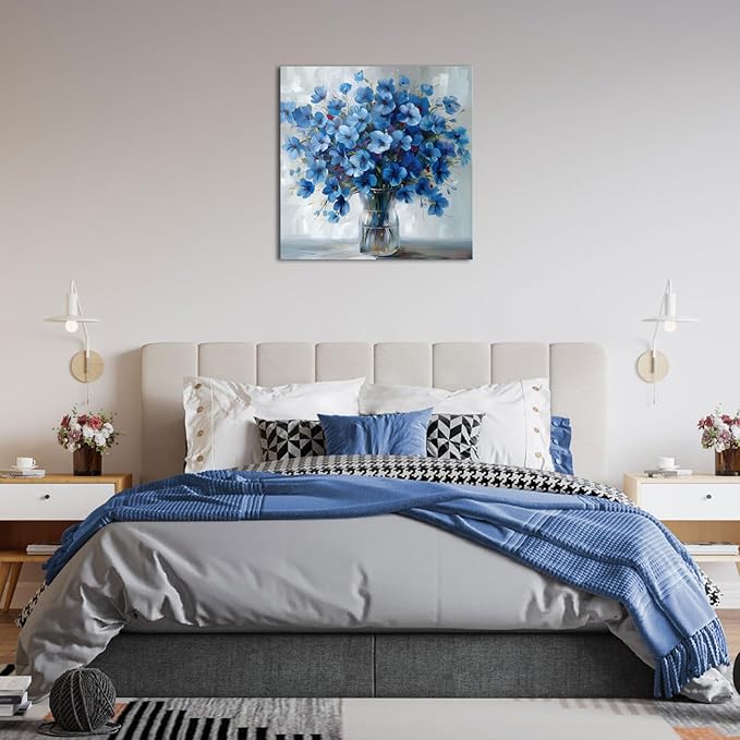 AoArtWZ Flower Canvas Wall Art White and Blue Flowers Pictures Artwork Abstract Floral Rustic Farmhouse Painting Prints for Home Decoration Framed 24" x 24"