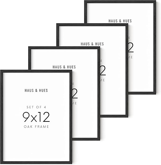 Haus and Hues Set of 4 9x12 Picture Frame - 9 x 12 Picture Frame Collages for Wall, Black Photo Frames Wooden Picture Frame Sets for Wall Collage, 9 by 12 Frame Sets for Wall Collage (Black Oak Frame)