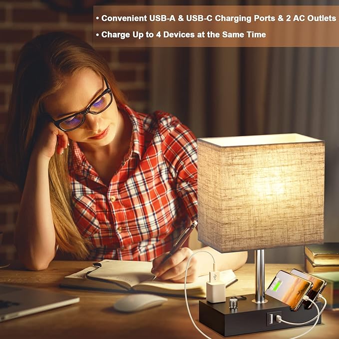 Kakanuo Table Lamp for Bedroom with Dual USB Ports, Beige Fully Dimmable Bedside Lamp with Phone Stands and 2 Charging Outlets, Desk Lamp for Nightstand and Living Room, LED Bulb Included