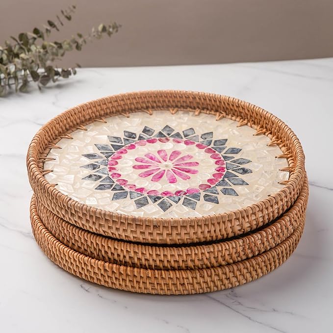 11.8' Wicker Round Rattan Mother of Pearl Serving Basket Tray for Dรฉcor Coffee Table | Large Boho Circle Woven Decorative Trays for Outdoor, Home, Kitchen Display (Lozenge)