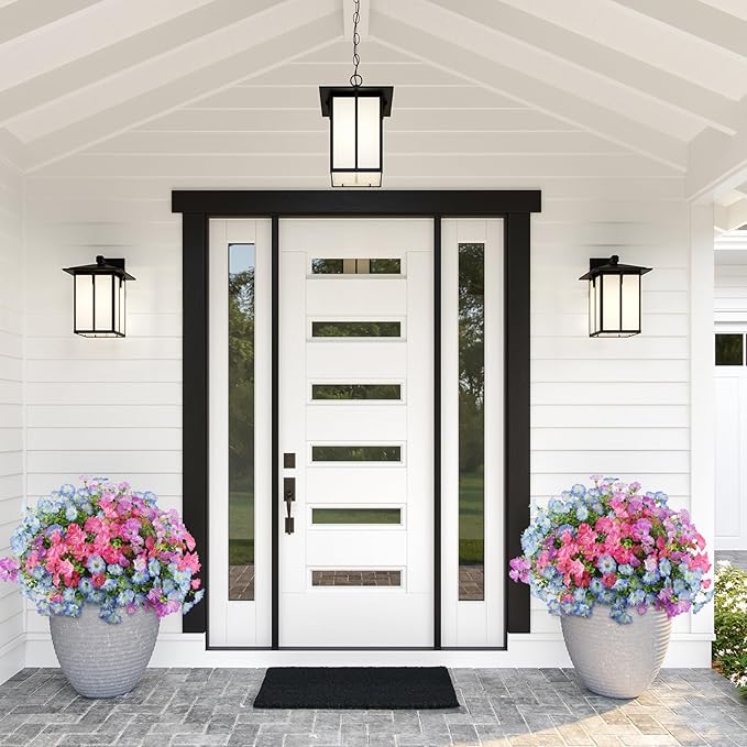 12PCS Artificial Flowers for Outdoor Decorations, Realistic Faux Silk Petunia Flowers for Outside, Fake Plants Morning Glory with Eucalyptus Porch Patio Planters Window Boxes Decor