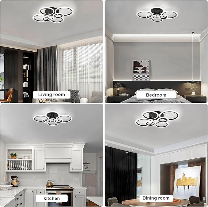 Modern LED Ceiling Light, Black 6 Rings Flush Mount Ceiling Light, 4000K Lighting Fixture Ceiling Lamp for Kitchen, Bedroom, Living Room, Laundry Room