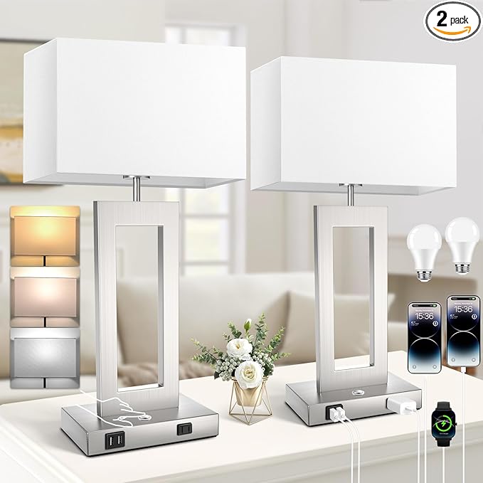 22ββ Touch Control Table Lamps Set of 2, 3 Color Temperatures Bedroom Bedside Lamps, Modern Silver Dimmable Lamps with USB Ports & AC Outlet, Tall Living Room Lamps for Nightstand End Table, 2 Bulbs