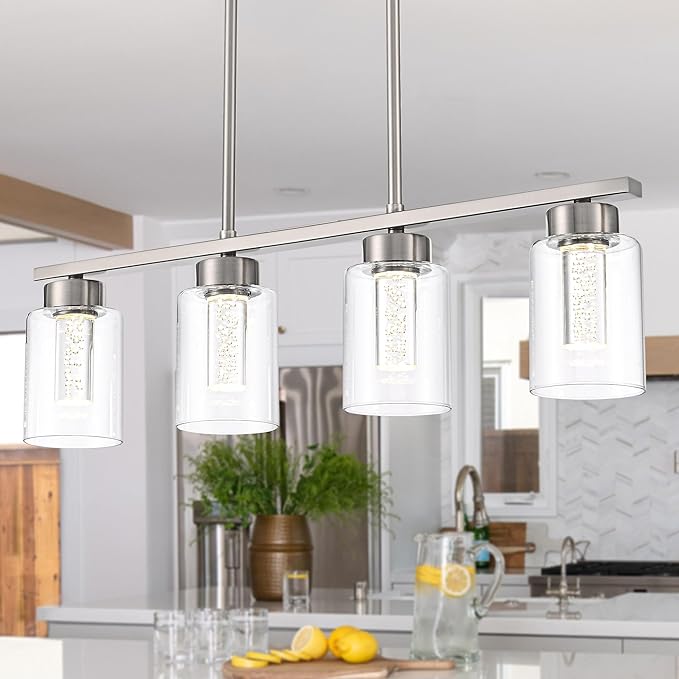 5CCT LED Brushed Nickel Pendant Light Fixtures LED Integrated Bulbs Included, 4-Light Farmhouse Chandedlier for Dining Room, Clear Glass Kitchen Island Light Fixture