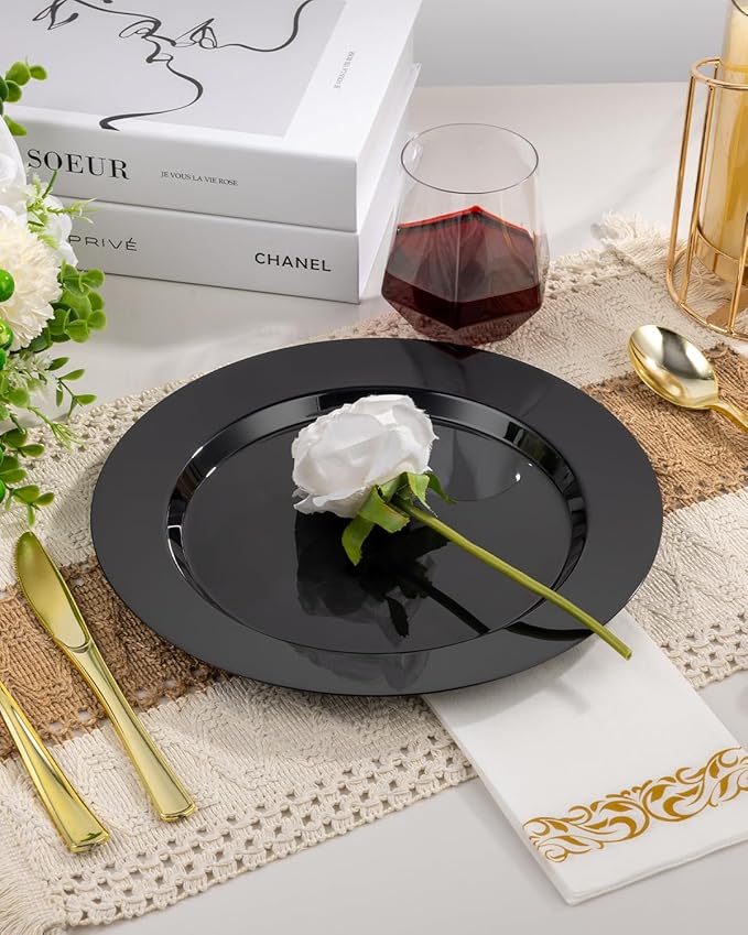 100PCS Black Plastic Plates, 10.25 Inch Disposable Dinner Plate Party, Heavy Duty Disposable Plastic Plates - Ideal for Halloween Parties, Wedding and Birthday, Everyday Use, Lunch & Dinner