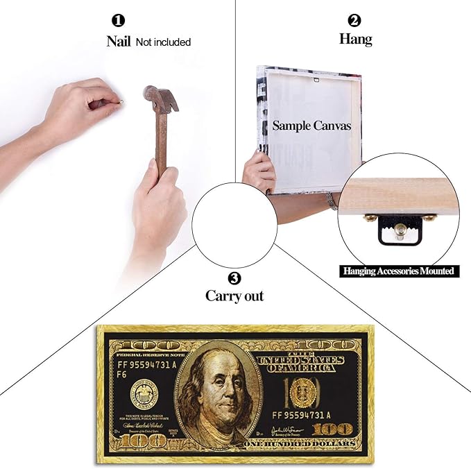 Large Size Motivational Framed Wall Pictures 100 Golden Dollar Money Artwork Posters Prints Culture Style Street Art Inspirational Canvas Painting Wall Art for Kids Room Studio Ready to Hang-48"Wx24"H