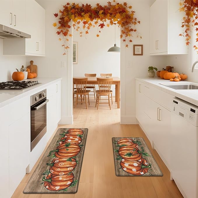 SHACOS Fall Anti Fatigue Kitchen Mats 2 Pcs Orange Pumpkins Wood Board Autumn Harvest Non Slip Cushioned Floor Mat for Kitchen Ergonomic Standing Mats Fall Decor, 17x27.5+17x47, Orange Pumpkins