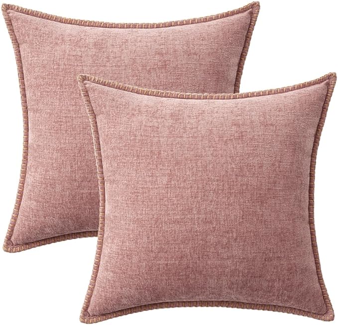 MIULEE Pack of 2 Couch Throw Pillow Covers 16x16 Inch Blush Pink Farmhouse Decorative Pillow Covers with Stitched Edge Soft Chenille Solid Dyed Spring Pillow Covers for Sofa Bed Living Room