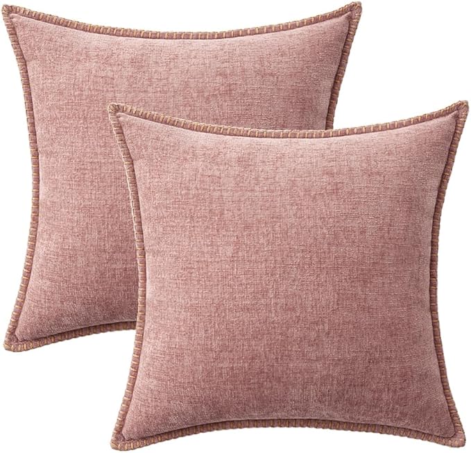 MIULEE Pack of 2 Couch Throw Pillow Covers 20x20 Inch Blush Pink Farmhouse Decorative Pillow Covers with Stitched Edge Soft Chenille Solid Dyed Spring Pillow Covers for Sofa Bed Living Room