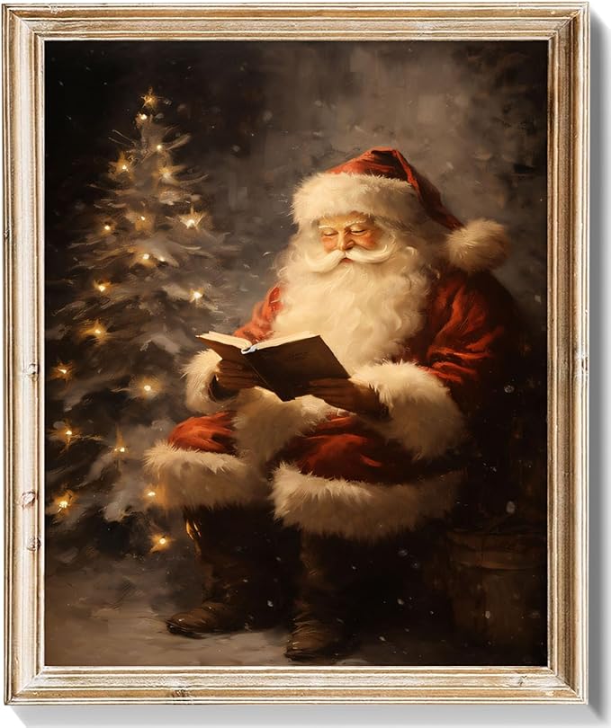 RETRART Christmas Wall Art Vintage Holiday Canvas Print with Santa Claus Christmas Tree, Christmas Pictures Wall Decor Waterproof Fade-Resistant Oil Painting Decor for Living Room, Bedroom(8"x10")