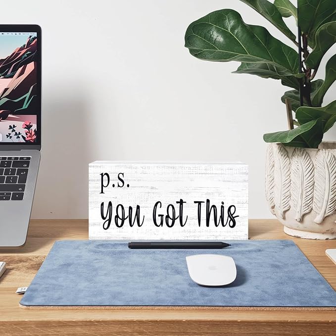 Esur Motivational Home Office Desk Decor - Farmhouse Wooden Box Sign Gift for Women - P.S. You Got This(White)