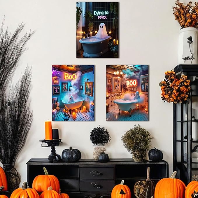 Halloween Bathroom Decor Funny Ghost Wall Art Funny Ghosts in Bathtub Pictures for Bathroom Fall Party Theme Paintings Spooky Humor Posters Artwork for Living Room Holiday Home Decoration 12x16" 3Pcs