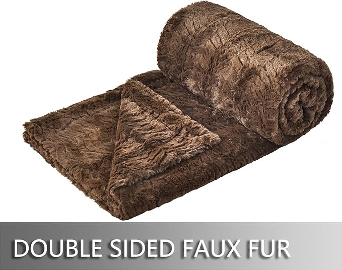 YUSOKI Luxury Faux Fur Blanket for Queen Size Bed 2 Layers,7.3lb,All Ages,Home Decoration Without Pillows (Brown,90"x90")
