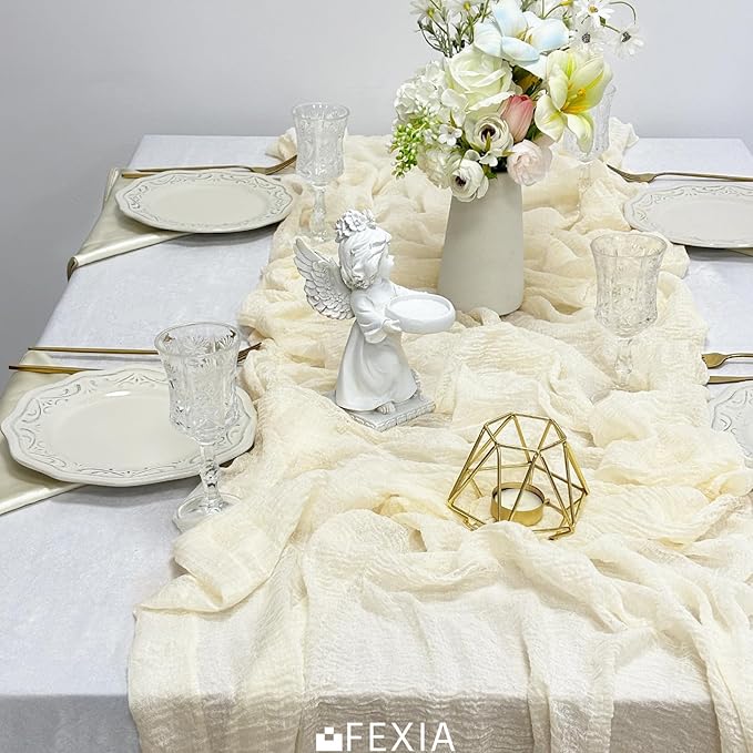 FEXIA 3 Pack Beige Table Runner 30x118 Inches Ivory Cheesecloth Rustic Boho Gauze for Wedding Baby Shower Bridal Shower First Communion Home Decorations