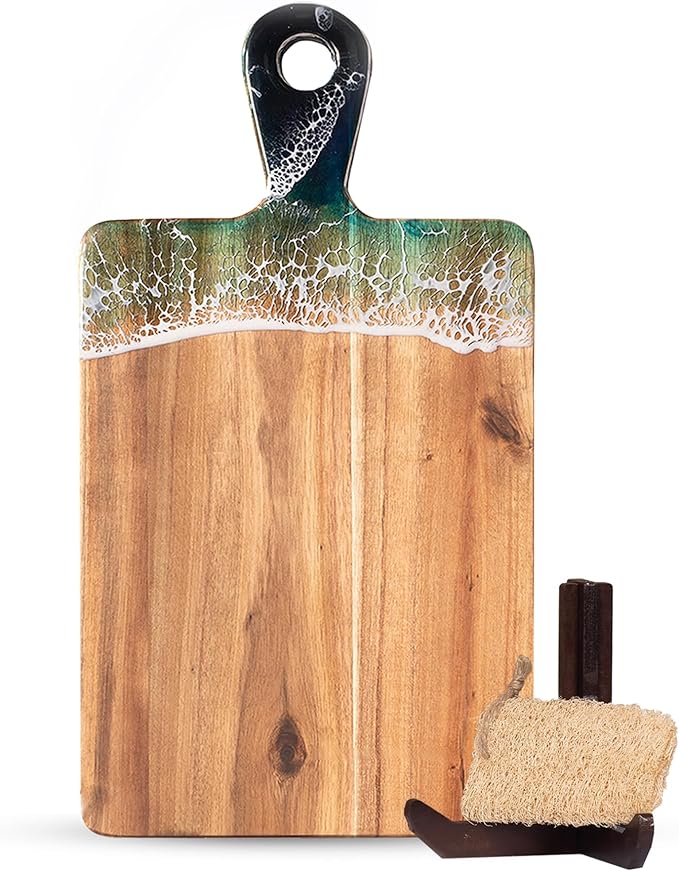 Acacia Wood Cutting Board with Ocean Resin Art, 14.9โx7.9โ, Includes Stand & Loofah, Handcrafted Charcuterie Cheese Board & Serving Platter, Great for Dรฉcor, Housewarming, Weddings (Rectangular)