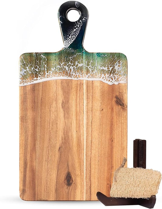 Acacia Wood Cutting Board with Ocean Resin Art, 14.9”x7.9”, Includes Stand & Loofah, Handcrafted Charcuterie Cheese Board & Serving Platter, Great for Décor, Housewarming, Weddings (Rectangular)