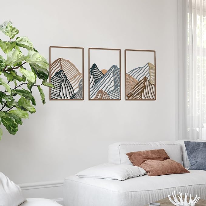 Peryiter 3 Pcs Metal Wall Art Decor Landscape Mountain Wall Hanging Decor for Living Room Abstract Minimalist Modern Mountain Line Pictures Summer Bathroom Office Home Gifts Indoor(Vibrant Colors)