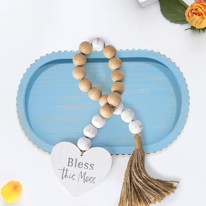 HPC Decor 15in Oval Light Blue Wood Beaded Tray for Home, Decorative Serving Tray, Rustic Farmhouse Wooden Trays for Vintage Centerpiece, Kitchen Counter, Living Room, Coffee Table