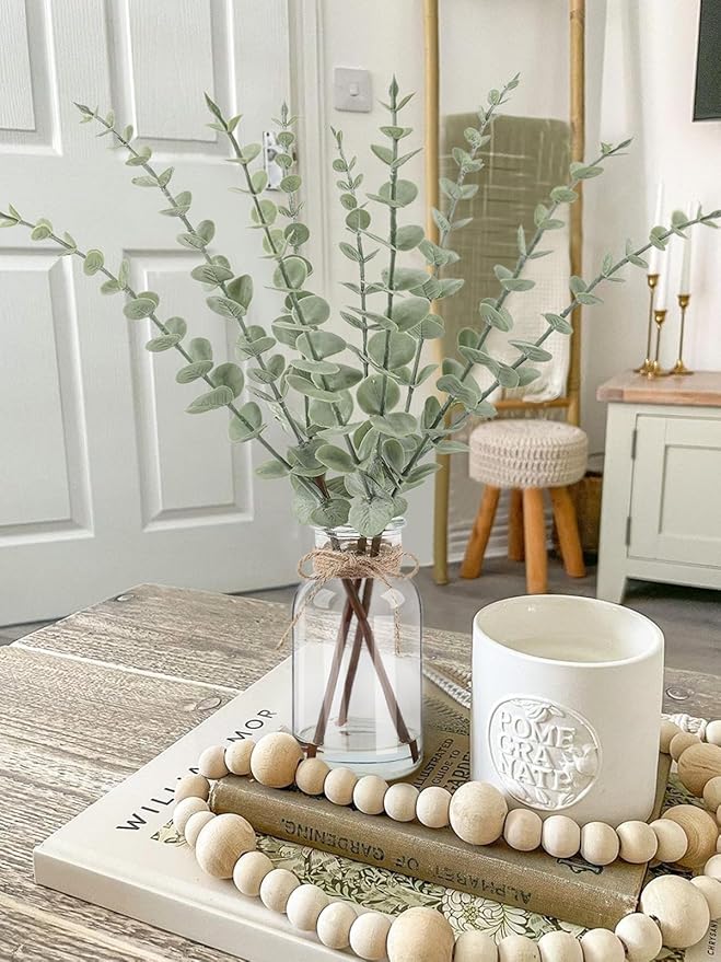 Artificial Eucalyptus Stems in Glass Vase with Faux Water,15.75" Fake Plants for Home Decor, Coffee Table Centerpieces, Office, Bathroom & Farmhouse Weddings - Faux Greenery Plants Decorations