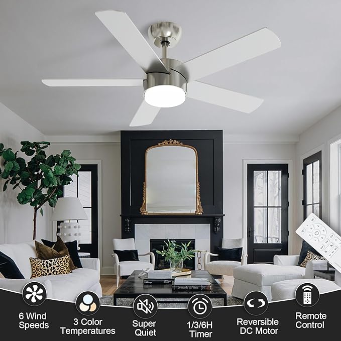 42 Inch Brushed Nickel Ceiling Fans with Lights,Ceiling Fan with Remote Control,Reversible DC Motor,3 CCT 6-Speed,Noiseless Ceiling Fan for Bedroom,Living Room,Dining Room,ETL Listed