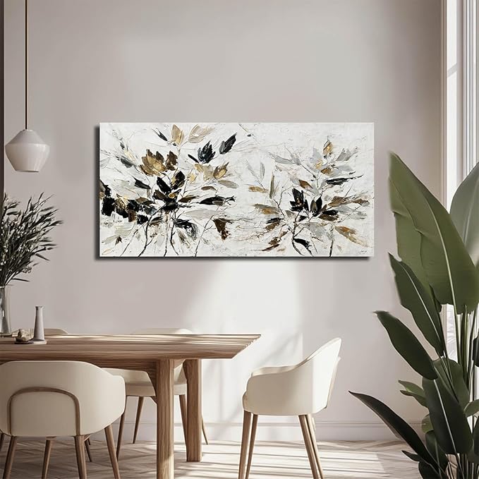 Modern Artwork Black and White Wall Art Abstract Wall Decor for Living Room Home Leaves Canvas Pictures Bedroom Gold Wall Art 24x48 Inch