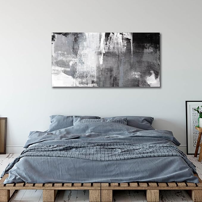 Kureful Black Abstract Wall Art Decor Grunge Room Decor Art Grey Canvas Wall Decoration 20" x 40" Painting Black And White Artwork for Bedroom Home Office Dining Room Decoration