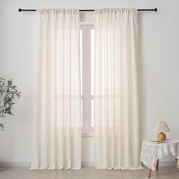 Neutral Sheer Linen Curtains 108 Inches Extra Long, Flax Semi Sheers 2 Panels Set, Cream Beige Farmhouse Drapes for Living Room, Sliding Glass Door Curtain, Back Tab & Rod Pocket