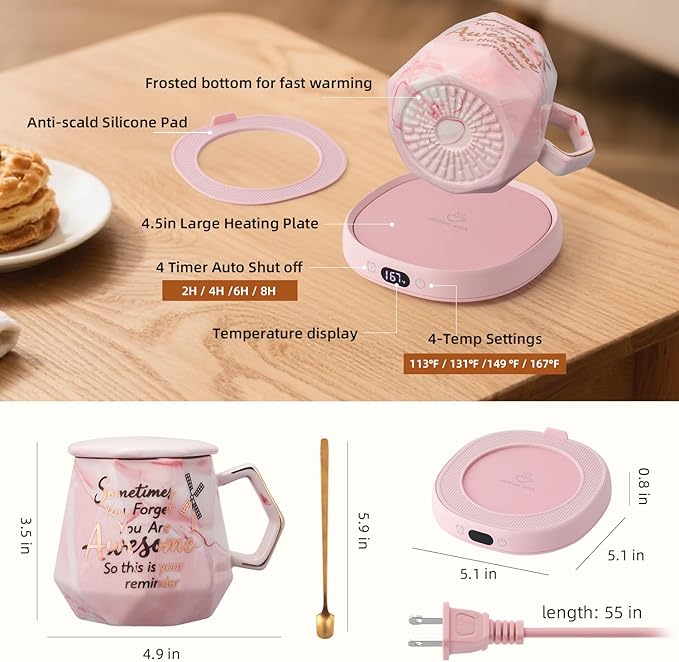Coffee Mug Warmer & You are Awesome Mug Set, Smart Heated Electric Cup Warmer for Desk Office, 4 Temperature Control Beverage Tea Coffee Warmer, 8 Hrs Auto Shut Off Candle Plate, Ideal Gifts for Women