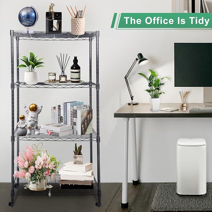 Whitmor 4 Tier Shelving Unit, Adjustable Storage Shelves with Wheels, Wire Shelving, 400 lbs Capacity per Shelf, Max 1600 lbs Total for Laundry, Kitchen, Garage, 24" L x 14" W x 47" H, Black