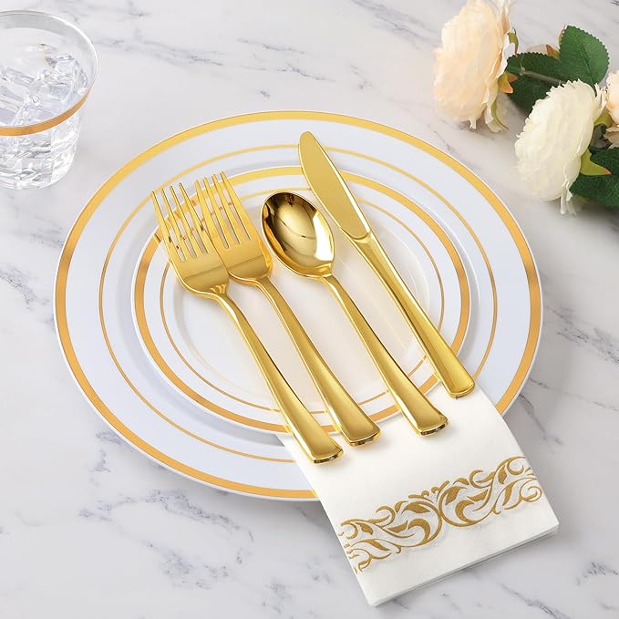 Goodluck 175 Piece Gold Dinnerware Set for 25 Guests, Plastic Plates Disposable for Party, Include: 25 Gold Rim Dinner Plates, 25 Dessert Plates, 25 Paper Napkins, 25 Cups, 25 Gold Silverware Set