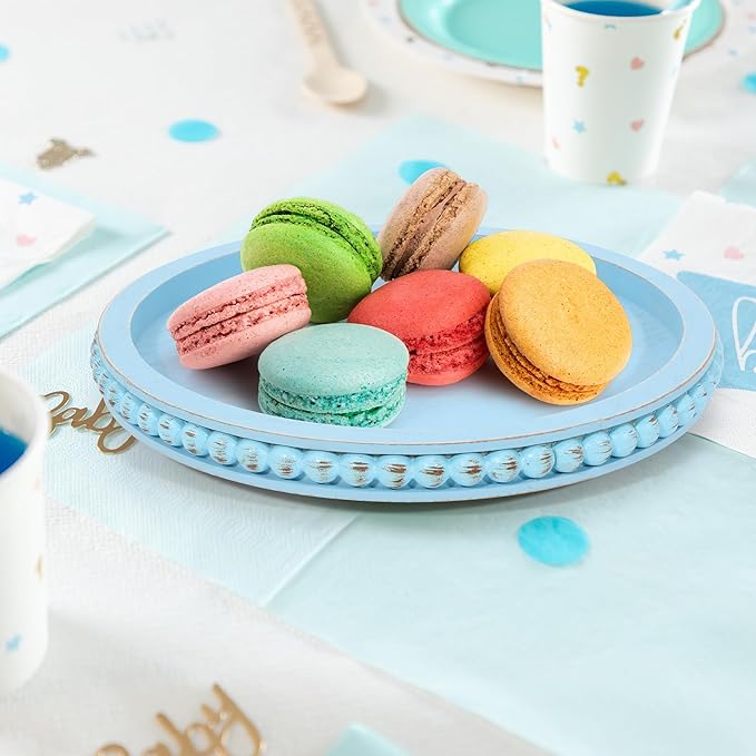 HPC Decor 12in Round Blue Wood Beaded Tray - Decorative Living Room, Coffee Table, Kitchen Table, Dining Room or Farmhouse Serving Tray