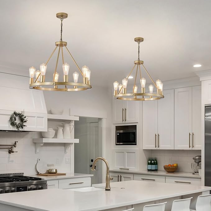 9MMML 23.6“ 8 Lights Golden Wagon Wheel Chandelier, Large Luxury Kitchen Island Pendant Light for Living Dining Room Foyer Entryway,Height Adjustable,E26.