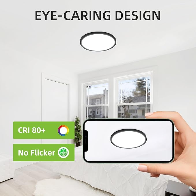 hykolity 2 Pack 12 Inch Selectable CCT LED Round Flat Panel Light, 24W, 3000K/4000K/5000K, Edge-Lit Flush Mount Ceiling Light Fixture for Kitchen, Bedroom and Closet Room, Black