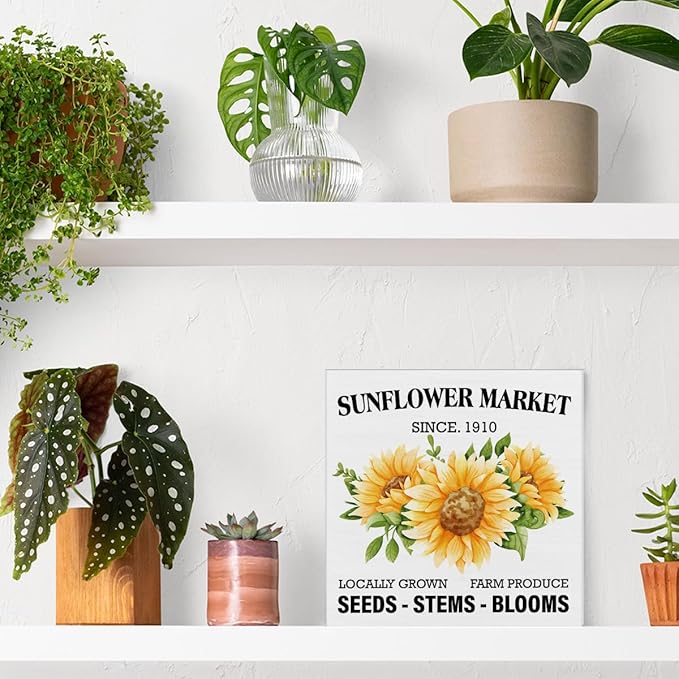 Summer Sunflower Sign Decor Sunflower Market Wood Block Sign Farmhouse Home Desk Table Shelf Decoration