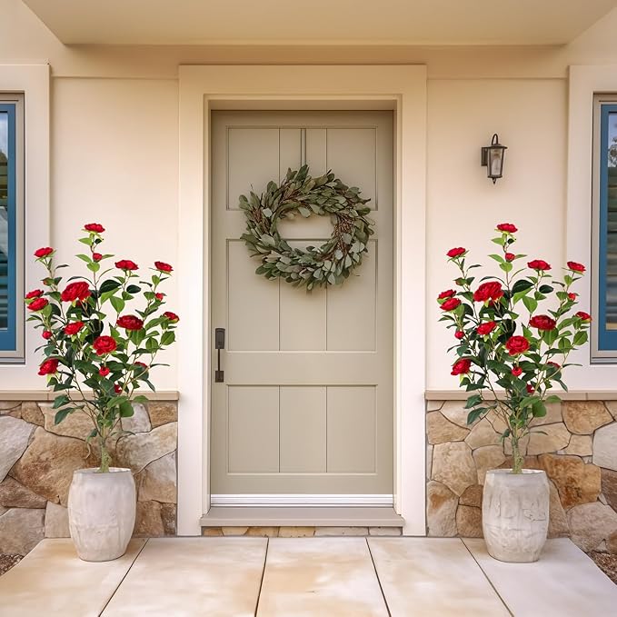 Artificial Camellia Tree 2 Pack, 3FT Faux Camellia Plant in Pot, 36 inch Fake Potted Camellia Flower Tree Plastic Camellia Tree for Modern Home Office Living Room Floor Decor Indoor, Red